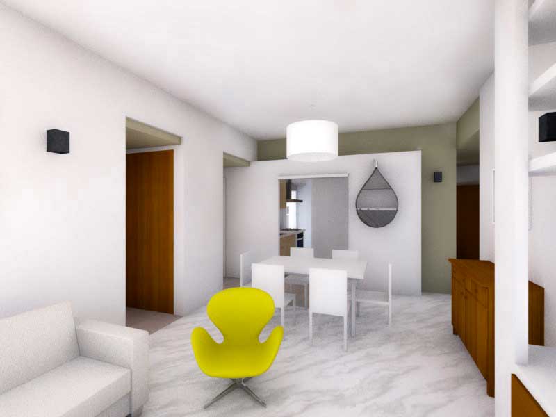 Due colori bianco e verde alloro (render studio del soggiorno con arredi)