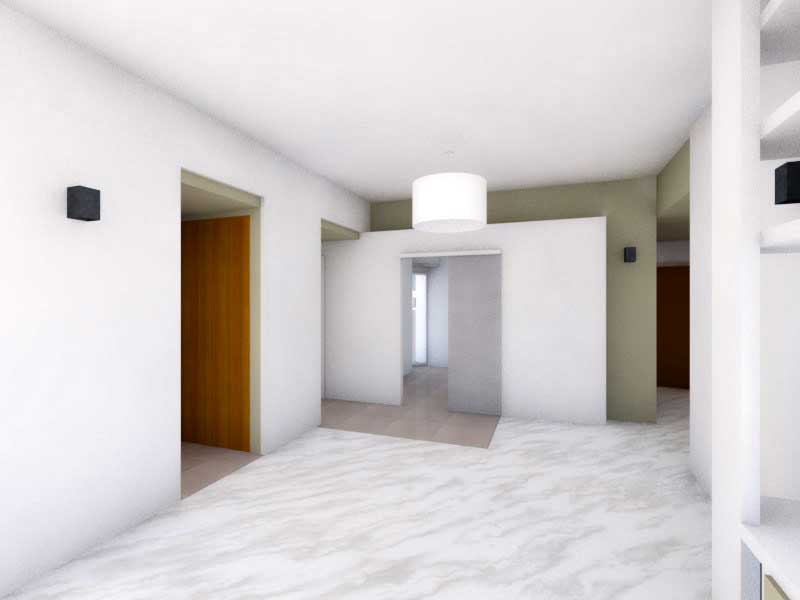 Due colori bianco e verde alloro (render studio del soggiorno)