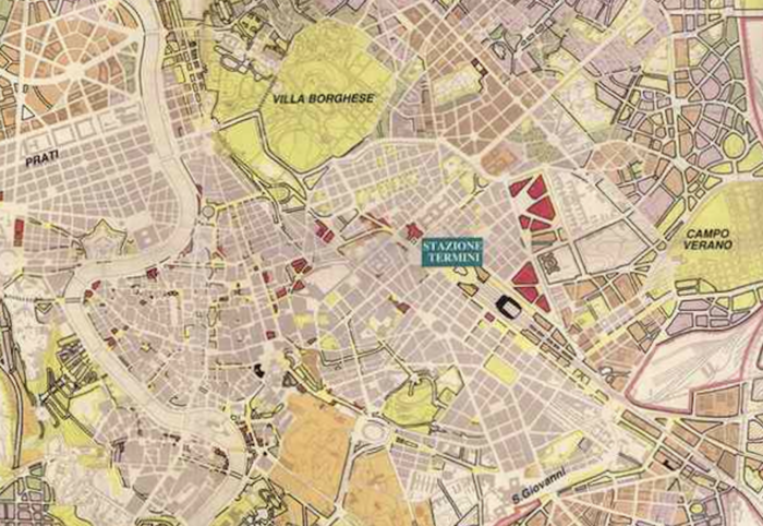 Piano Regolatore di Roma del 1931, dettaglio dell’area tra Prati, Villa Borghese, Stazione Termini e San Giovanni